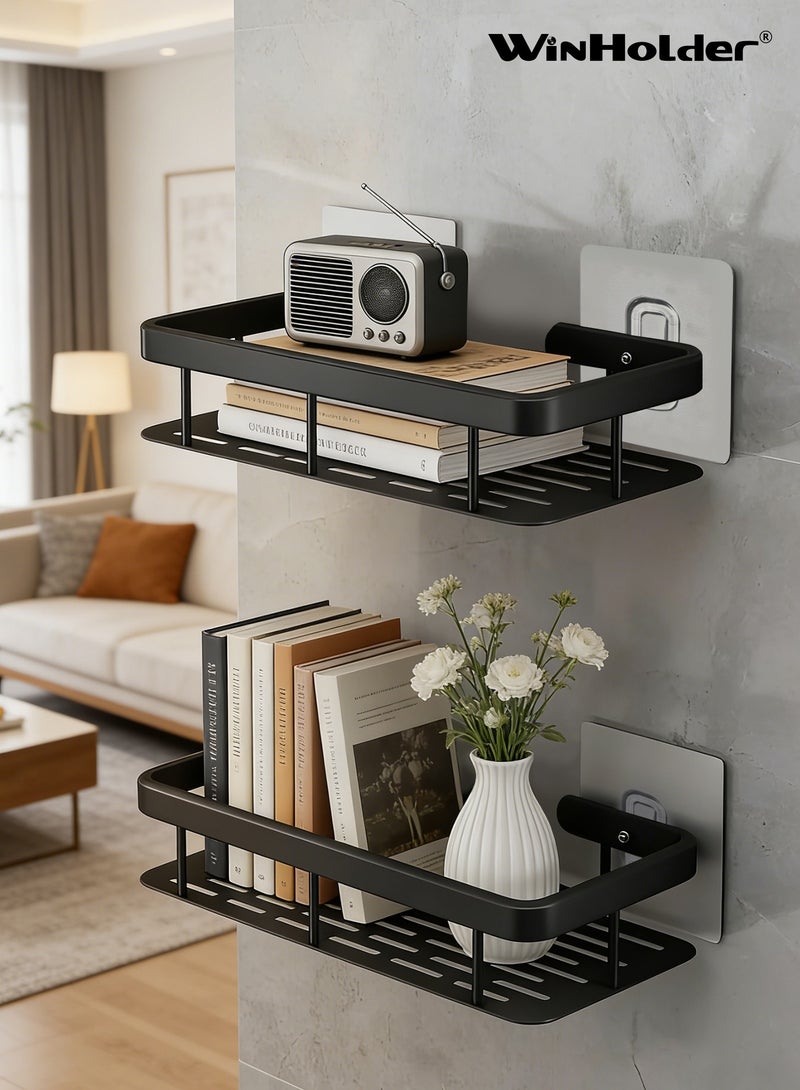 وين هولدر رف حمام علبة دش 【إصدار مطور سميك】، رف حمام أسود لاصق للاستحمام، منظم دش مثبت على الحائط بدون حفر، سلة مقاومة للصدأ للحمام، المرحاض، المطبخ (2 عبوة) - Image 2